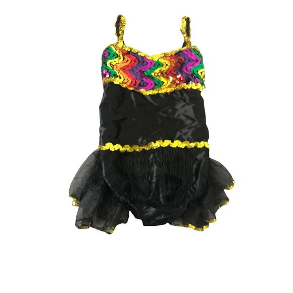 Costume Gallery Jazz Ice Skating MC Black Gold Sequins Leotard Fringe Tutu - Picture 1 of 5